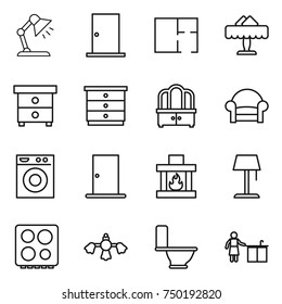 thin line icon set : table lamp, door, plan, restaurant, nightstand, chest of drawers, dresser, armchair, washing machine, fireplace, floor, hob, hard reach place cleaning, toilet, kitchen