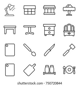 thin line icon set : table lamp, market, restaurant, nightstand, dresser, cutting board, big spoon, knife, meat hammer, salt pepper, fork plate