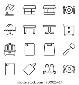 thin line icon set : table lamp, market, cafe, restaurant, nightstand, dresser, cutting board, meat hammer, salt pepper, fork spoon plate