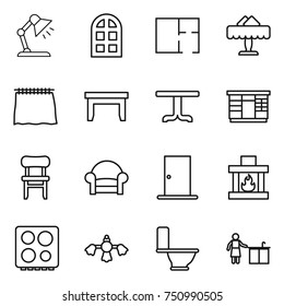 thin line icon set : table lamp, arch window, plan, restaurant, curtain, wardrobe, chair, armchair, door, fireplace, hob, hard reach place cleaning, toilet, kitchen
