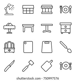 thin line icon set : table lamp, market, cafe, restaurant, nightstand, dresser, cutting board, big spoon, knife, meat hammer, fork plate