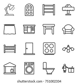 thin line icon set : table lamp, arch window, rack, restaurant, curtain, wardrobe, stool, armchair, crib, door, hob, hard reach place cleaning, utility room, washing machine, toilet, kitchen