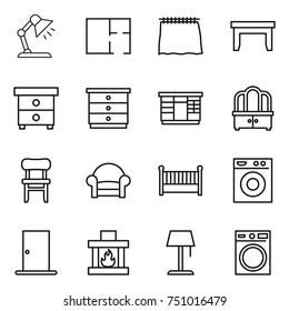 thin line icon set : table lamp, plan, curtain, nightstand, chest of drawers, wardrobe, dresser, chair, armchair, crib, washing machine, door, fireplace, floor