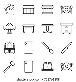 thin line icon set : table lamp, market, cafe, restaurant, nightstand, dresser, cutting board, big spoon, knife, meat hammer, salt pepper, fork plate