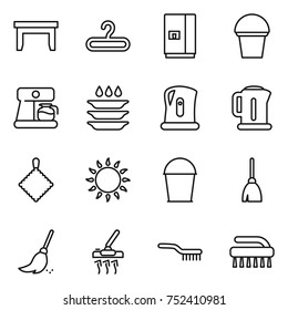 thin line icon set : table, hanger, fridge, bucket, coffee maker, plate washing, kettle, rag, gas oven, broom, vacuum cleaner, brush
