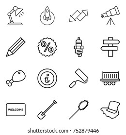 Thin Line Icon Set : Table Lamp, Rocket, Up Down Arrow, Telescope, Pencil, Percent, Spark Plug, Singlepost, Chicken Leg, Info, Repair, Truck Shipping, Welcome Mat, Shovel, Duster, Floor Washing