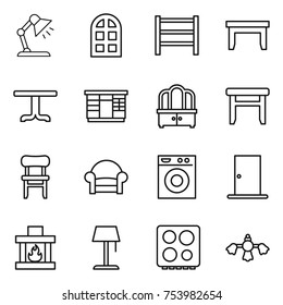 thin line icon set : table lamp, arch window, rack, wardrobe, dresser, stool, chair, armchair, washing machine, door, fireplace, floor, hob, hard reach place cleaning