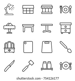 thin line icon set : table lamp, market, cafe, restaurant, nightstand, dresser, cutting board, big spoon, knife, meat hammer, salt pepper, fork plate