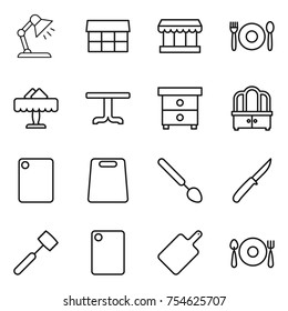 thin line icon set : table lamp, market, cafe, restaurant, nightstand, dresser, cutting board, big spoon, knife, meat hammer, fork plate