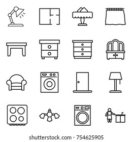 thin line icon set : table lamp, plan, restaurant, curtain, nightstand, chest of drawers, dresser, armchair, washing machine, door, floor, hob, hard reach place cleaning, kitchen