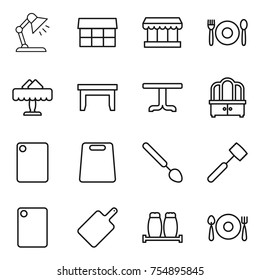 thin line icon set : table lamp, market, cafe, restaurant, dresser, cutting board, big spoon, meat hammer, salt pepper, fork plate