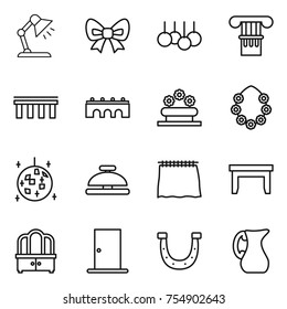thin line icon set : table lamp, bow, sale, column, bridge, flower bed, hawaiian wreath, disco ball, service bell, curtain, dresser, door, horseshoe, jug