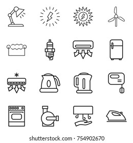 thin line icon set : table lamp, lightning, sun power, windmill, electrostatic, spark plug, air conditioning, fridge, kettle, mixer, oven, water pump, hand dryer, iron