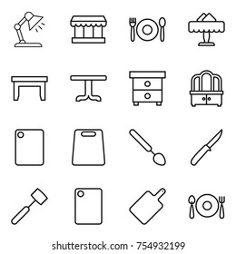 thin line icon set : table lamp, market, cafe, restaurant, nightstand, dresser, cutting board, big spoon, knife, meat hammer, fork plate
