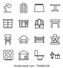 Thin line icon set : table lamp, arch window, curtain, chest of drawers, wardrobe, dresser, stool, chair, armchair, crib, fireplace, hob, utility room, toilet, kitchen cleaning