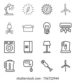 thin line icon set : table lamp, lightning, sun power, windmill, hoverboard, electrostatic, bulb, air conditioning, washing machine, fridge, floor, kettle, mixer, blender