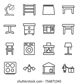 Thin line icon set : table lamp, rack, curtain, nightstand, wardrobe, stool, chair, washing machine, fireplace, floor, hob, hard reach place cleaning, utility room, kitchen