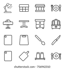 Thin line icon set : table lamp, market, cafe, restaurant, nightstand, dresser, cutting board, big spoon, knife, salt pepper, fork plate