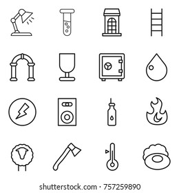Thin line icon set : table lamp, vial, building, stairs, arch, fragile, safe, drop, electricity, speaker, vegetable oil, fire, sheep, axe, thermometer, soap