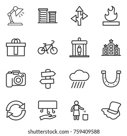 Thin line icon set : table lamp, district, route, flammable, hi quality package, bike, detector, hotel, camera, signpost, rain cloud, horseshoe, reload, hand dryer, garbage bin, floor washing