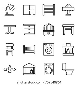 Thin line icon set : table lamp, plan, rack, restaurant, chest of drawers, dresser, stool, chair, crib, washing machine, fireplace, hard reach place cleaning, utility room, toilet