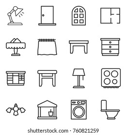Thin line icon set : table lamp, door, arch window, plan, restaurant, curtain, chest of drawers, wardrobe, stool, floor, hob, hard reach place cleaning, utility room, washing machine, toilet