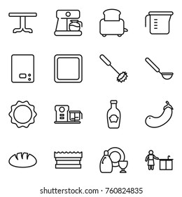 Thin line icon set : table, coffee maker, toaster, measuring cup, kitchen scales, cutting board, whisk, ladle, induction oven, food processor, ketchup, eggplant, bread, sponge, dish cleanser