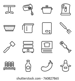 Thin line icon set : table, mixer, pan, kettle, colander, measuring cup, kitchen scales, big fork, meat hammer, double boiler, cooking book, blender, spices, ketchup, eggplant, apron