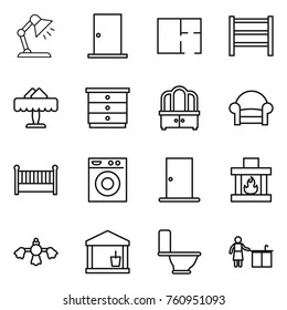 Thin line icon set : table lamp, door, plan, rack, restaurant, chest of drawers, dresser, armchair, crib, washing machine, fireplace, hard reach place cleaning, utility room, toilet, kitchen