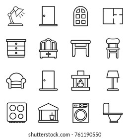 Thin line icon set : table lamp, door, arch window, plan, chest of drawers, dresser, stool, chair, armchair, fireplace, floor, hob, utility room, washing machine, toilet