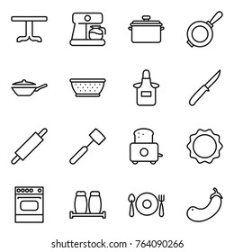 Thin line icon set : table, coffee maker, pan, colander, apron, knife, rolling pin, meat hammer, toaster, induction oven, salt pepper, fork spoon plate, eggplant
