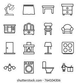 Thin line icon set : table lamp, curtain, nightstand, wardrobe, dresser, chair, armchair, door, fireplace, floor, hob, hard reach place cleaning, washing machine, toilet, kitchen