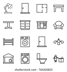 Thin line icon set : table lamp, door, plan, chest of drawers, wardrobe, armchair, crib, washing machine, hard reach place cleaning, utility room, toilet, kitchen