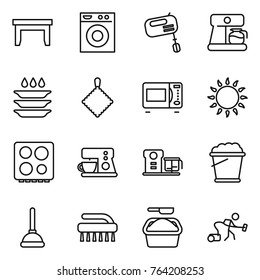 Thin line icon set : table, washing machine, mixer, coffee maker, plate, rag, microwave oven, gas, hob, food processor, foam bucket, plunger, brush, powder, vacuum cleaner