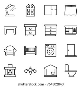 Thin line icon set : table lamp, arch window, plan, curtain, nightstand, chest of drawers, wardrobe, armchair, crib, washing machine, door, fireplace, hard reach place cleaning, utility room, toilet