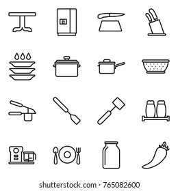 Thin line icon set : table, fridge, cutting board, stands for knives, plate washing, pan, saute, colander, garlic clasp, spatula, meat hammer, salt pepper, food processor, fork spoon, bank, hot