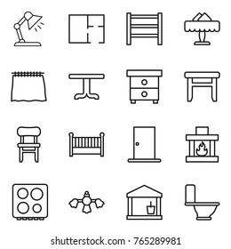 Thin line icon set : table lamp, plan, rack, restaurant, curtain, nightstand, stool, chair, crib, door, fireplace, hob, hard reach place cleaning, utility room, toilet