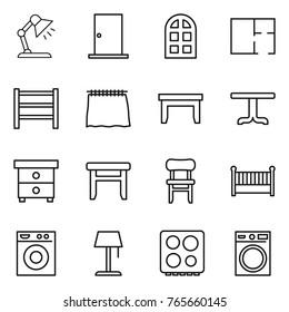 Thin line icon set : table lamp, door, arch window, plan, rack, curtain, nightstand, stool, chair, crib, washing machine, floor, hob