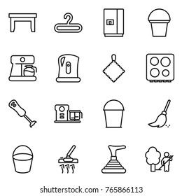 Thin line icon set : table, hanger, fridge, bucket, coffee maker, kettle, rag, hob, blender, food processor, broom, vacuum cleaner, plunger, garden cleaning