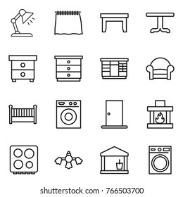 Thin line icon set : table lamp, curtain, nightstand, chest of drawers, wardrobe, armchair, crib, washing machine, door, fireplace, hob, hard reach place cleaning, utility room