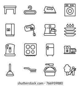 Thin line icon set : table, hanger, iron, washing machine, fridge, mixer, coffee maker, plate, kettle, hob, food processor, plunger, brush, powder, garden cleaning