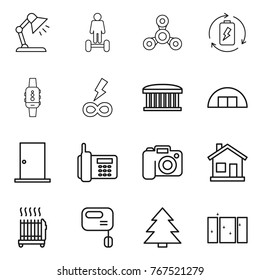 Thin line icon set : table lamp, hoverboard, spinner, battery charge, smart watch, infinity power, airport building, hangare, door, phone, camera, home, radiator, mixer, spruce, clean window