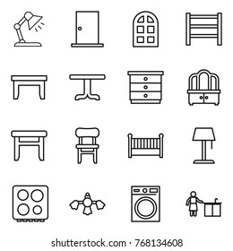 Thin line icon set : table lamp, door, arch window, rack, chest of drawers, dresser, stool, chair, crib, floor, hob, hard reach place cleaning, washing machine, kitchen