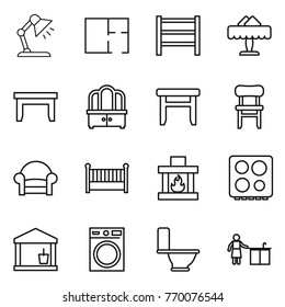 Thin line icon set : table lamp, plan, rack, restaurant, dresser, stool, chair, armchair, crib, fireplace, hob, utility room, washing machine, toilet, kitchen cleaning