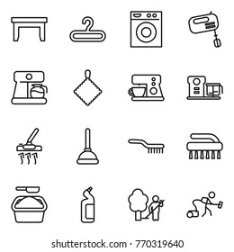 Thin line icon set : table, hanger, washing machine, mixer, coffee maker, rag, food processor, vacuum cleaner, plunger, brush, powder, toilet cleanser, garden cleaning