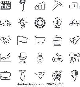 Thin Line Icon Set - target vector, group, arrow up graph, handshake, money bag, growth, office chair, investment, idea, calendar, cart, flag, case, car, paper plane, social media, crisis management