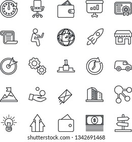 Thin Line Icon Set - target vector, arrow up graph, gear, motivation, rocket, wallet, clock, earth, office chair, investment, idea, cash, car, social media, certificate, mail, pedestal, presentation