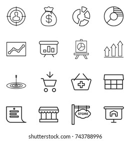 thin line icon set : target audience, money bag, circle diagram, statistics, presentation, graph up, add to cart, basket, market, shopping list, store signboard