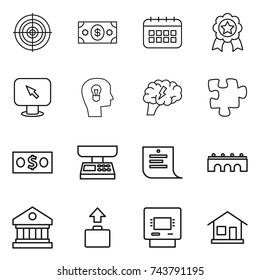 thin line icon set : target, money, calendar, medal, monitor arrow, bulb head, brain, puzzle, market scales, shopping list, bridge, library, baggage, atm, home