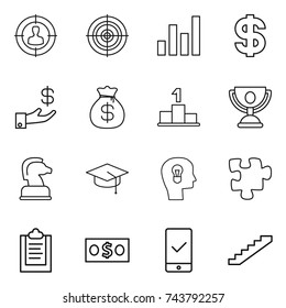 thin line icon set : target audience, graph, dollar, investment, money bag, pedestal, trophy, chess horse, graduate hat, bulb head, puzzle, clipboard, mobile checking, stairs